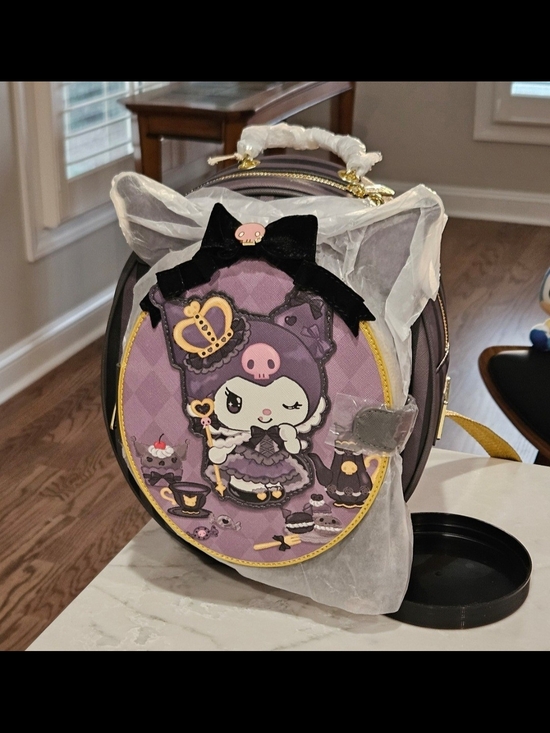 Loungefly Purple Kuromi Round Mini Backpack with Black Bow & Gold Accents